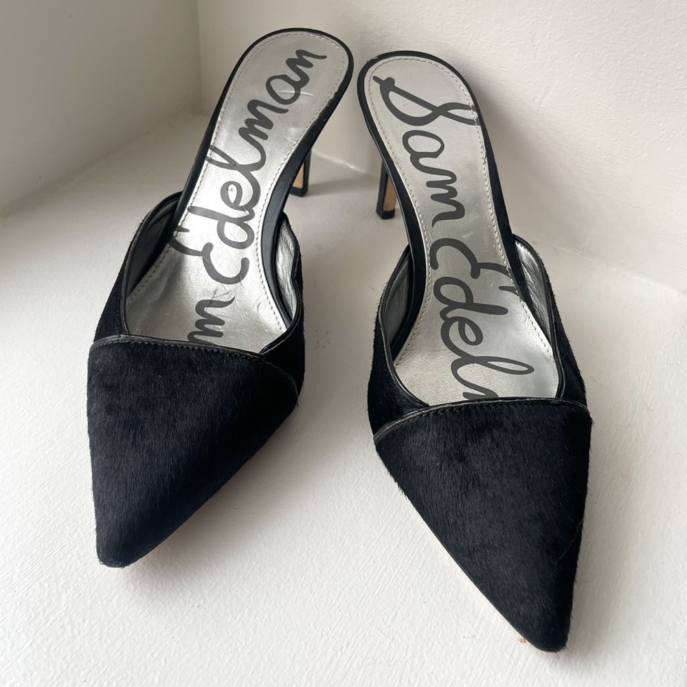 Sam Edelman Black Fur Pointed Toe Kitten Heel Mules